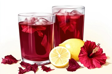 Refreshing hibiscus drinks with ice, adorned with vibrant petals and a lemon slice, perfect for summer.