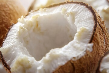 Close-up of a freshly opened coconut shell revealing its soft, white meat, showcasing natural textures and organic appeal.