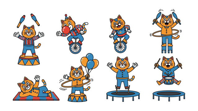 Circus Cat Performance Collection: Delightful illustration of a playful circus cat performing various acrobatic feats, captivating with humor and a touch of childlike fantasy. 