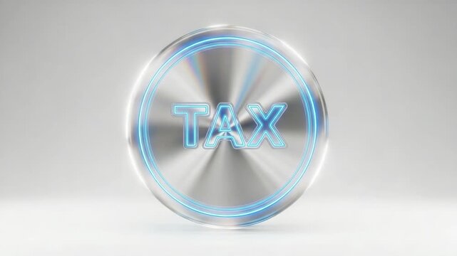 Tax button on silver surface with glowing blue neon ring. Tax concept displayed on metallic surface for financial theme, highlighting financial obligations.