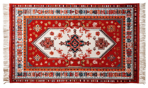 Ornate rectangular rug with vibrant colors and intricate patterns