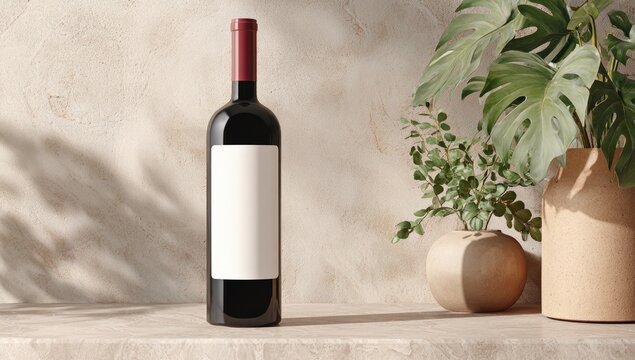Wine bottle mockup on a light beige surface with plants