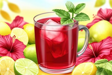 Refreshing iced tea with mint, surrounded by vibrant florals and citrus fruits.