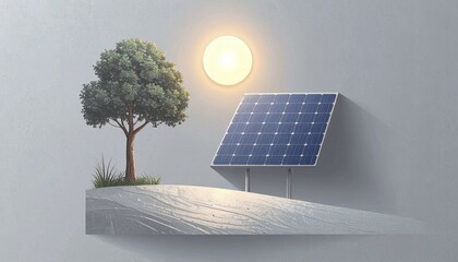 Sustainable energy concept with solar panel and green tree, representing clean power and environmental conservation for a brighter future