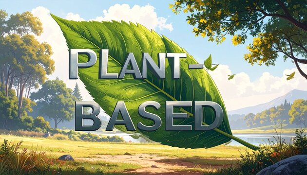 Plant-Based Text on a Leaf with a Natural Background, Eco-Friendly Lifestyle