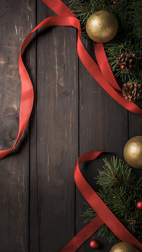 Christmas background with gold ornaments, red ribbon and pine branches on dark wood