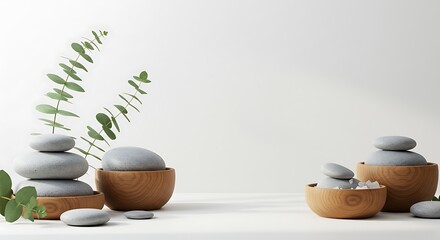 Serene Zen spa arrangement with stacked stones and eucalyptus branches
