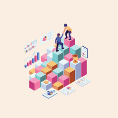 Isometric illustration of business team collaboration, offering mutual support to achieve success and growth amidst data analytics and financial charts, symbolizing progress and strategic partnership