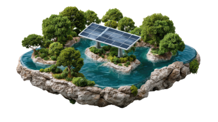 Green Energy Oasis: A miniature island paradise combines serene natural elements with cutting-edge solar technology, with photovoltaic panels over an idyllic water feature.
