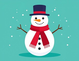 Cartoon snowman with a red scarf and a black top hat