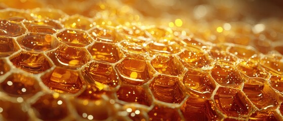 Golden Light Illuminates Glistening Honeycomb Cells Filled with Amber Nectar.