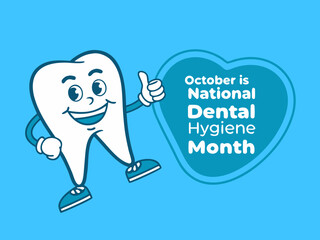 Celebrating October National Dental Hygiene Month with a Smiling Tooth Character on a Blue Background Design