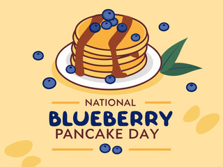 National Blueberry Pancake Day Celebration with Stacked Pancakes Blueberries and Chocolate Syrup on a Cream Background