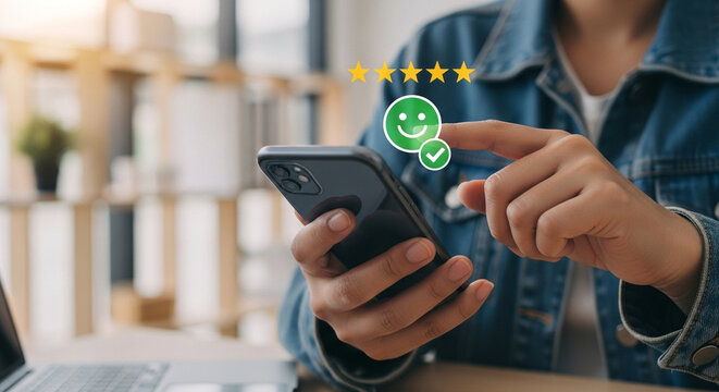 Person giving a five-star rating on a smartphone with positive feedback icons mobile phone