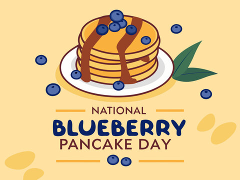 National Blueberry Pancake Day Celebration with Stacked Pancakes Blueberries and Chocolate Syrup on a Cream Background - Powered by Adobe