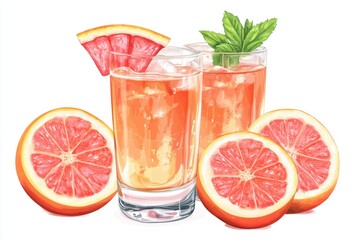 Refreshing grapefruit drinks garnished with mint leaves, surrounded by fresh grapefruit slices.
