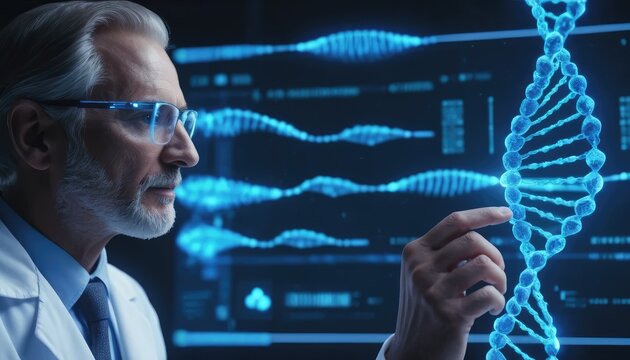 Futuristic doctor interacts with hologram DNA