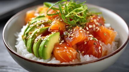 Delicious vibrant poke bowl with fresh salmon, avocado, and rice