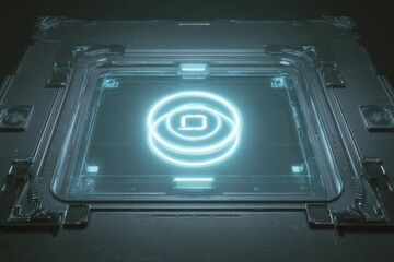 Futuristic Teal Glowing Interface - Square Within Circles, Sci-Fi Technology Panel.