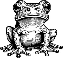 Whimsical frog with large, expressive eyes and intricate, decorative patterns captured in a bold black and white style