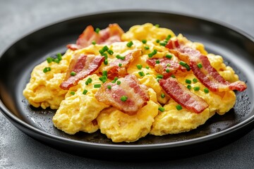 Delicious fluffy scrambled eggs topped with crispy bacon and fresh chives, served on a sleek black plate.