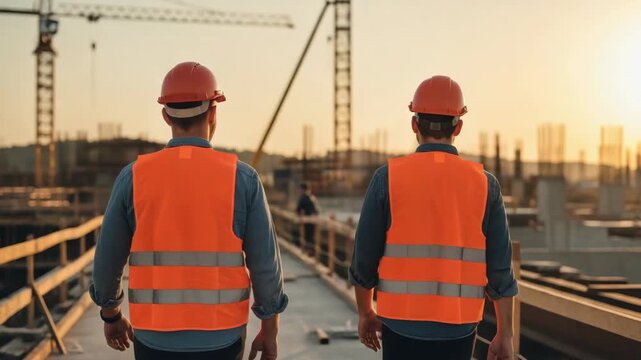 Construction workers in protective gear are building under twilight sky. Construction workers walking on scaffolding, wearing safety vests and helmets, supervise work on building structure.