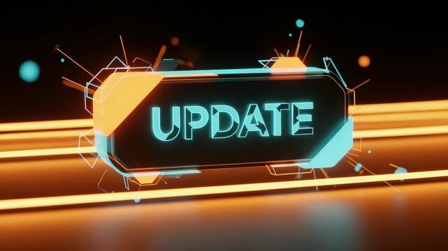 Modern update icon, showing update, in futuristic graphic design with floating elements. Update features a neon style icon and abstract background. Creative update advertisement for business concept.
