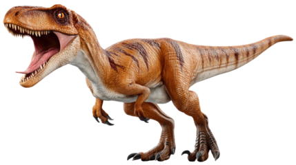 Velociraptor's Roar: A fierce velociraptor, with open mouth displaying sharp teeth and a vivid orange and brown body, roars with primal power, in a dynamic illustration.