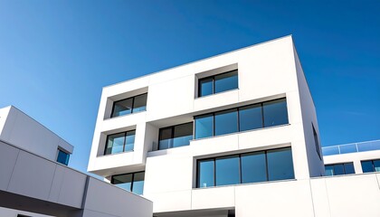 Modern white apartment building against a clear blue sky