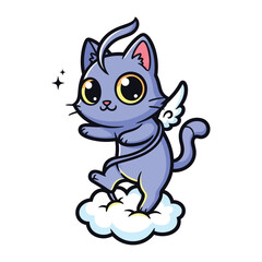 Heavenly Feline: An angelic cartoon cat, complete with wings, delicately balances upon a soft, fluffy cloud, radiating charm.