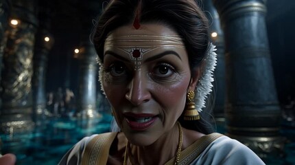 A regal woman stands in an ancient palace, surrounded by a divine aura, radiating elegance, power, and mystical majesty. - Powered by Adobe