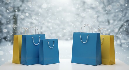 Shopping Bags in Winter Scene with Snowflakes