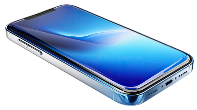 Sleek Smartphone Display: A close-up shot captures a futuristic smartphone, showcasing its bright blue screen and modern design, inviting the viewer into the world of innovation and technology.