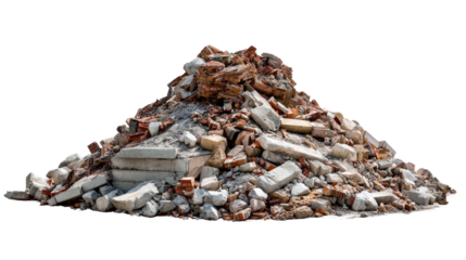 Pile of Debris: A mound of shattered bricks and broken concrete, a stark symbol of destruction, highlighting the aftermath of demolition with a focus on texture and disarray.
