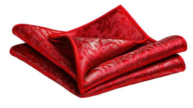 Crimson Fold: Capturing the exquisite folds and ornate patterns of a luxurious red pocket square, radiating elegance, and a touch of refined sophistication.