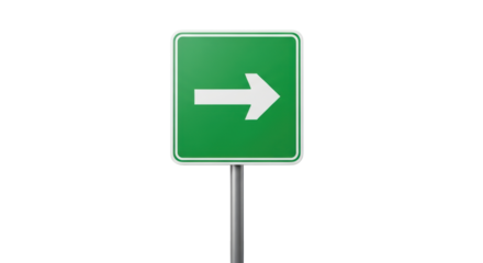Isolated green road sign showing right direction, guidance for drivers and pedestrians