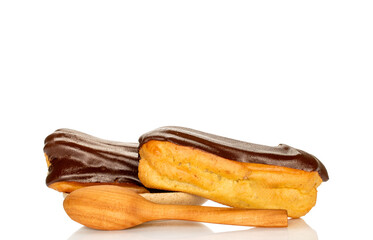 Chocolate sweet eclair, macro, isolated on white  background.