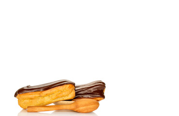 Chocolate sweet eclair, macro, isolated on white  background.