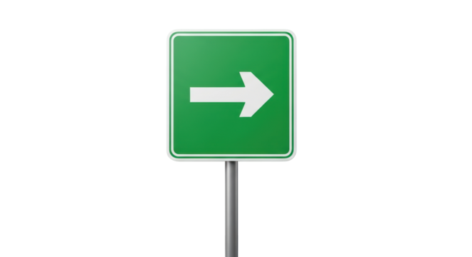 Isolated green road sign showing right direction, guidance for drivers and pedestrians