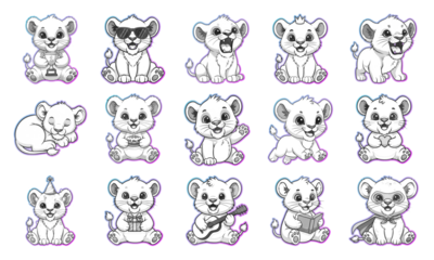 Set of cute lion cubs in various poses isolated on transparent background