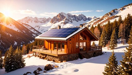 Mountain Chalet with Solar Panels in Aspen, Colorado &ndash; Sustainable Alpine Living and Renewable Energy in Winter Landscape