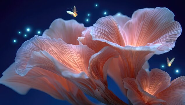 Glowing, ethereal pink fungi,  illuminated by bioluminescent light.  Delicate,  dreamlike - Powered by Adobe