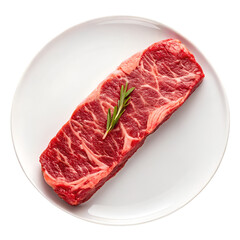 Obraz premium Raw strip steak with rosemary on a white plate raw steak beef