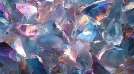 Close-up view of iridescent and colorful gemstone crystals in shades of blue, purple, and gold