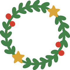 Fototapeta premium Flat Design Decorative Christmas Wreath with Berries and Stars Ornament