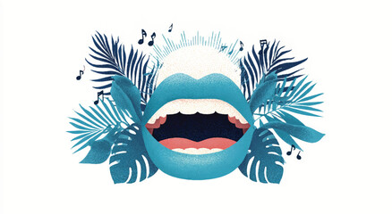 Vibrant tropical mouth graphic surrounded by lush foliage and musical notes evocative of summer music festivals and tropical vibes