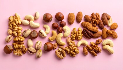 Assorted nuts on pink background