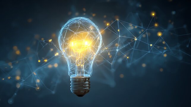 Business Innovation Mind Map Surreal Illustration Glowing Lightbulb Center Connected To Digital Nodes Creativity Progress Disruptive Ideas Cosmic 