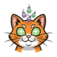 Mystical Cat: An illustrated image of a cute ginger cat with glowing eyes, whimsical potions hovering above, capturing the enchanting spirit of fantasy and magic.
