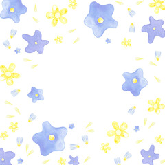 Hand drawn watercolor blue and yellow flowers and petals frame border. Illustration isolated on white background. Can be used for postcard, scrapbook and other printed products.